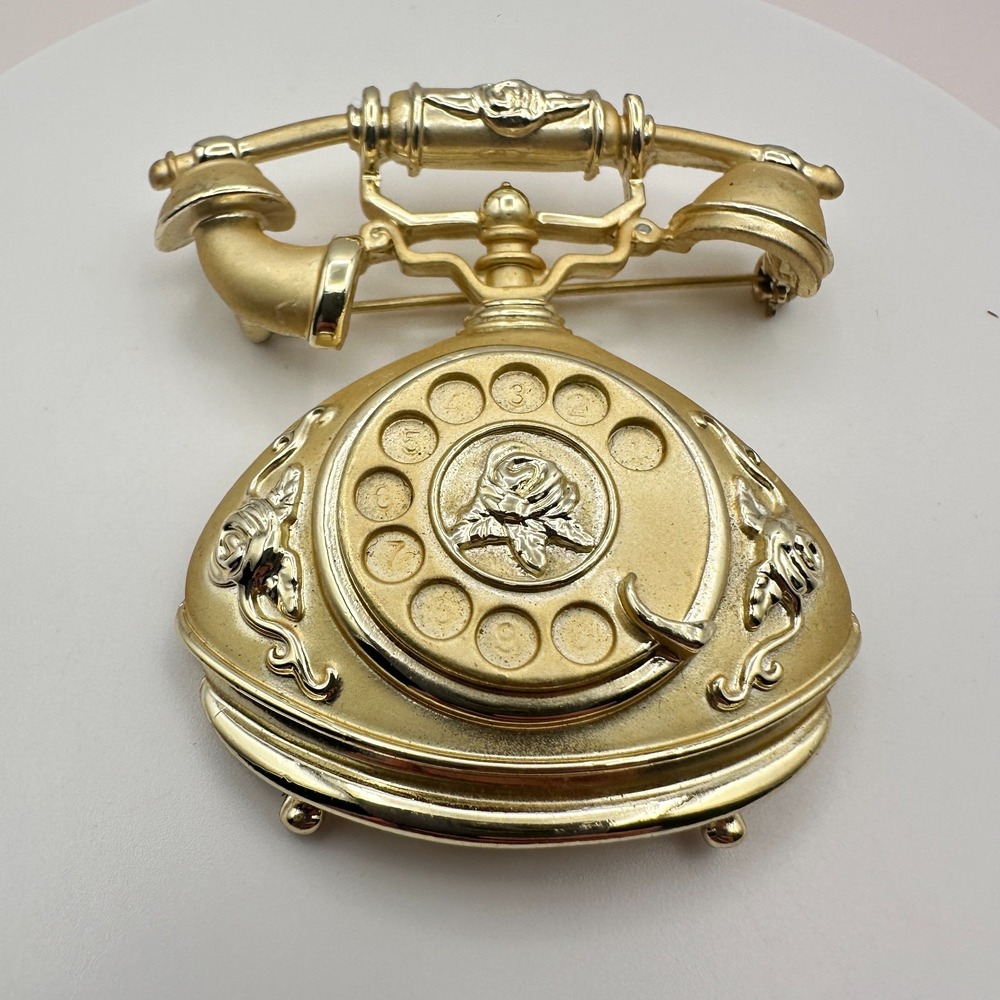 Vintage 80s Floral Rotary Telephone Brooch Pin Gold Tone Jewelry